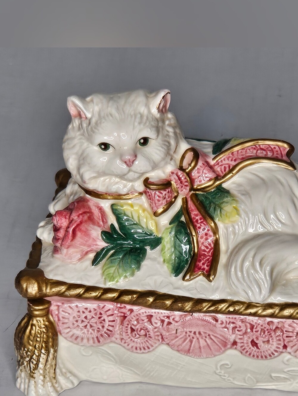VTG Fitz & Floyd Kittens & Roses Ceramic Rectangular Box w/ Lid Trinket Dish